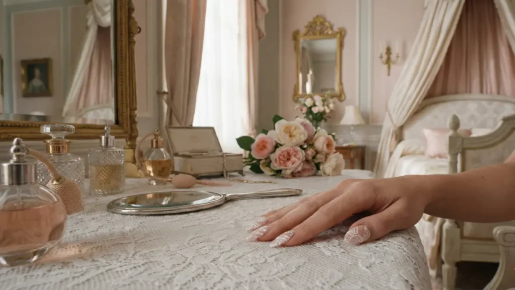 Spring 2026 lace nail trend featuring intricate white designs on nude polish.