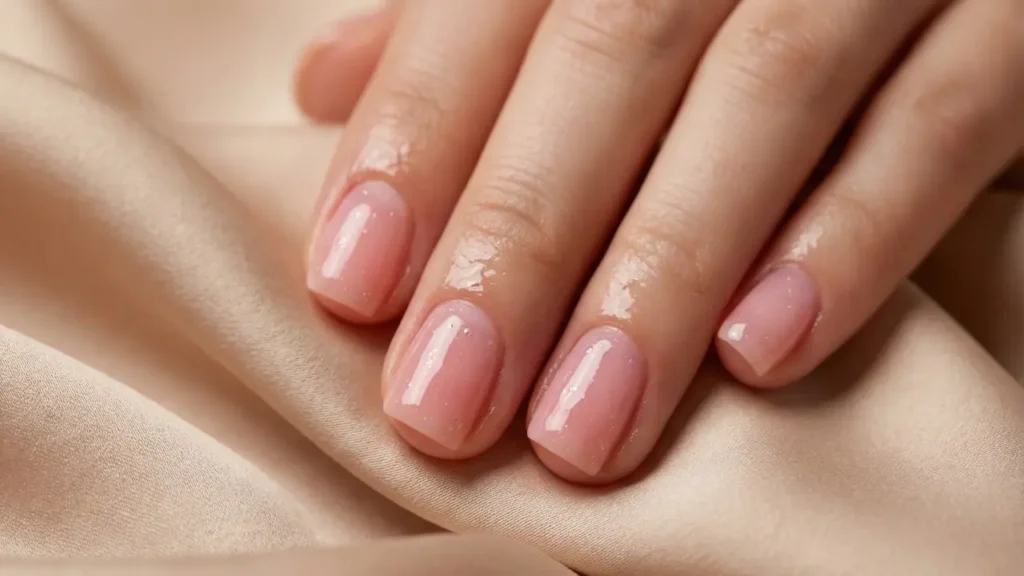 Short squoval nails with glossy soap nail trend polish on beige silk background.