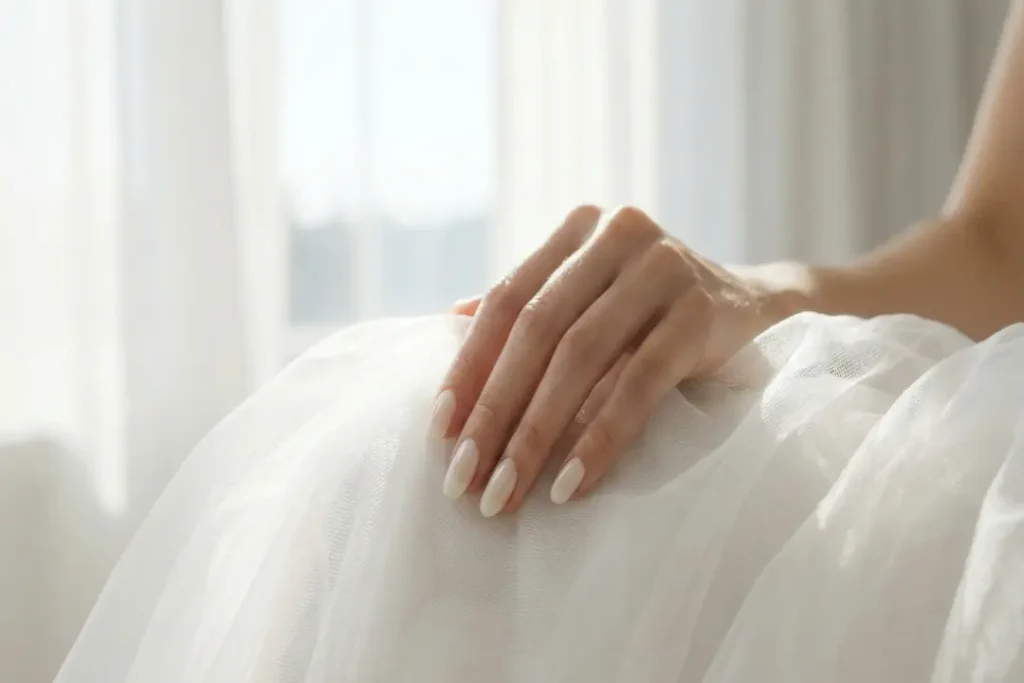 Milky white nails trend 2026 featuring Pantone Cloud Dancer shade.