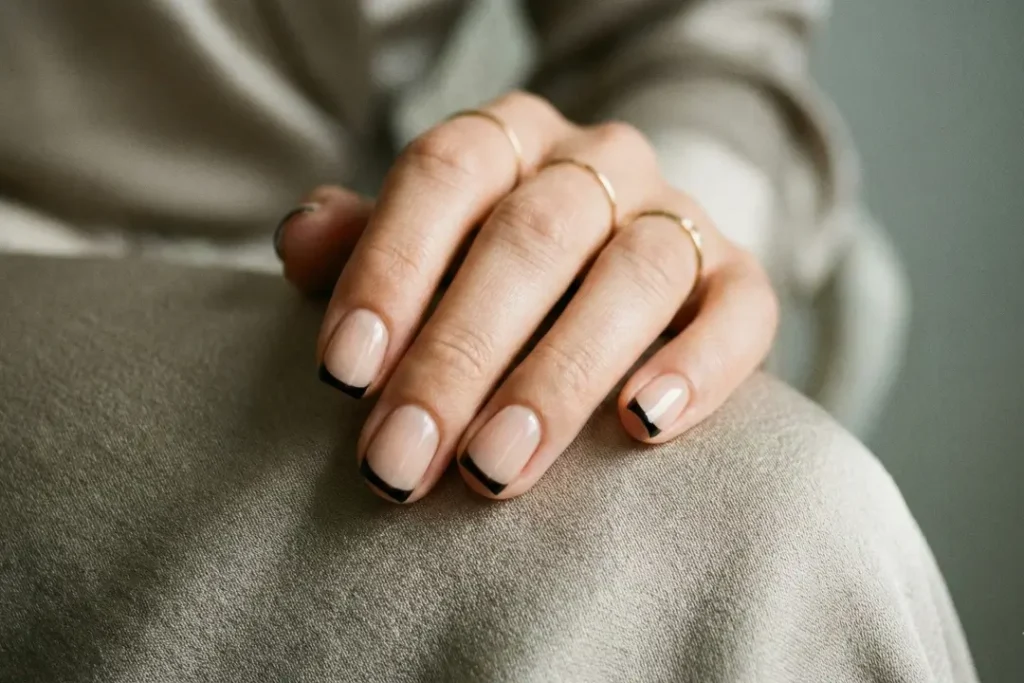 Micro french nails trend 2026 featuring razor thin black tips on short nails.