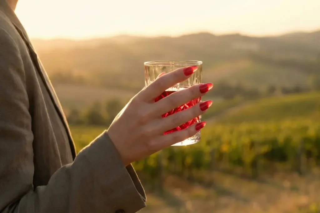Jelly nails trend 2026 featuring translucent strawberry syrup gradient.