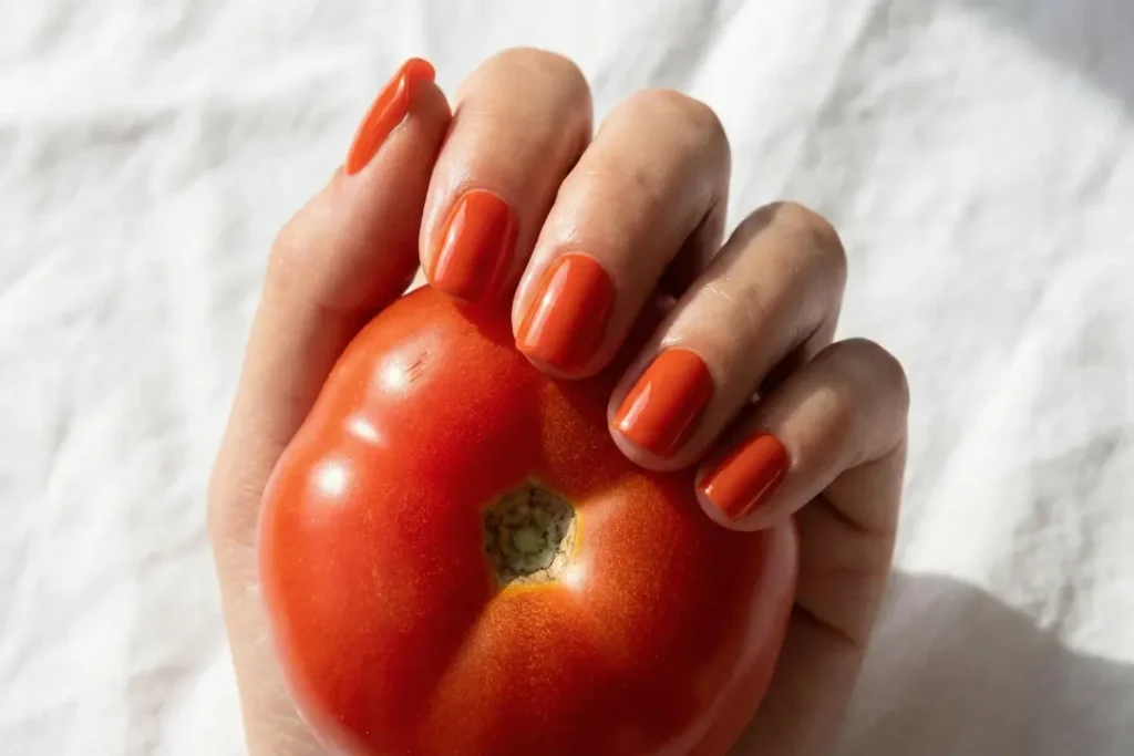 Tomato red summer nail trend 2026 on squoval nails.