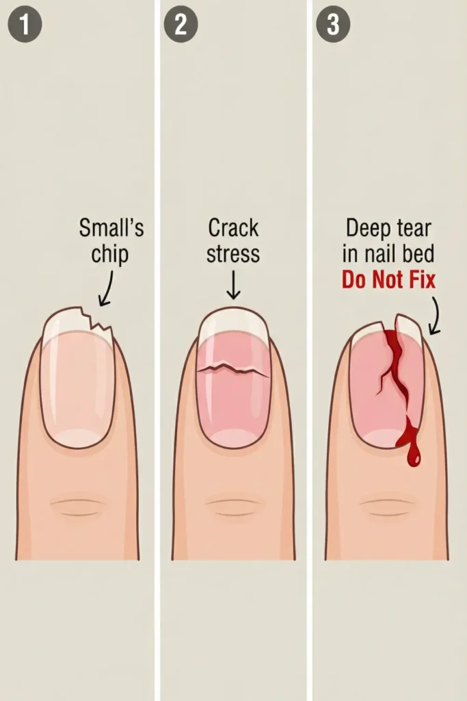 Diagram of different types of nail breaks and severity.