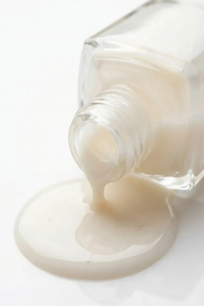Texture shot of milky white nail polish showing semi-sheer consistency.