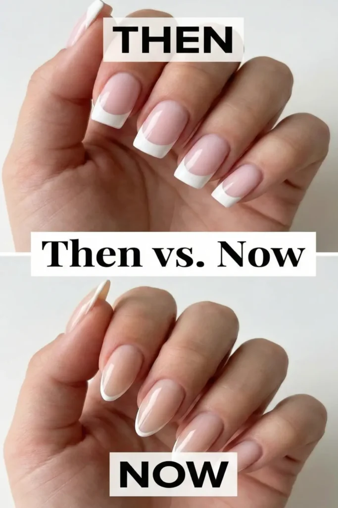 Comparison of traditional thick french manicure vs modern micro french nails.