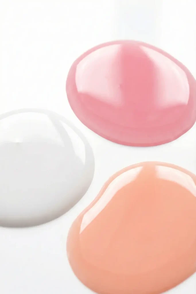 Sheer nail polish textures for soap nails trend showing translucent pink and milky white.