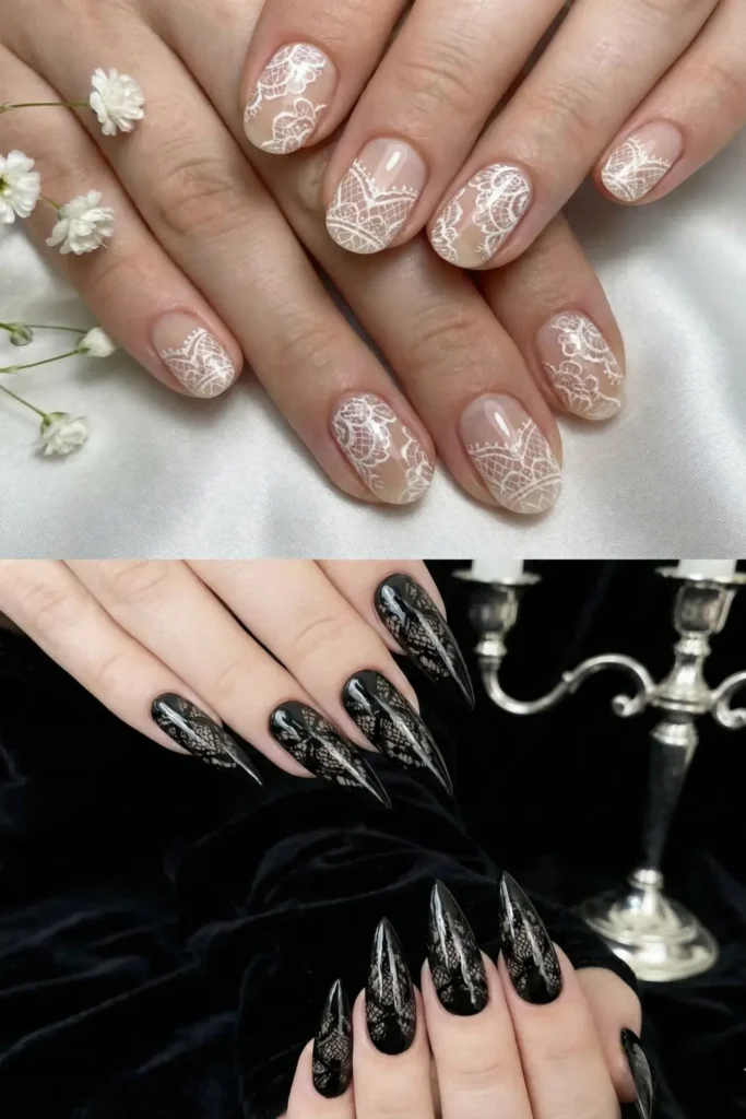 Comparison of white bridal lace nails vs black gothic lace nails.