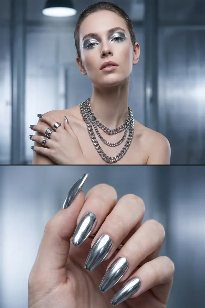 Fashion inspiration for molten chrome nails matching silver jewelry.