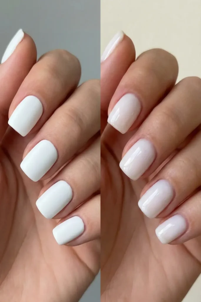 Comparison between stark white polish and milky white nails trend.