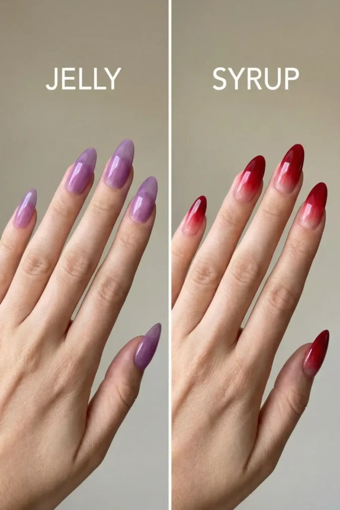 Difference between solid jelly nails vs syrup gradient technique.
