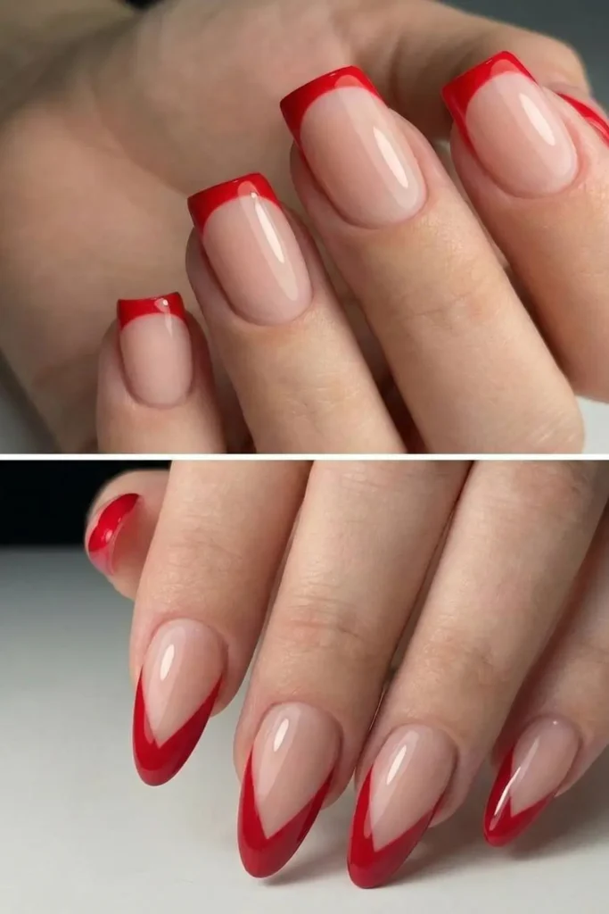 Red French tip variations for minimalist valentines nails.