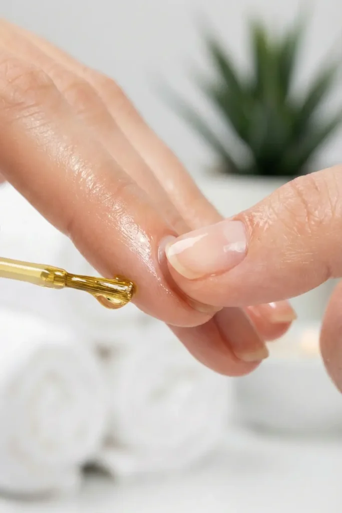 Clean Russian manicure prep with cuticle oil application for soap nails.