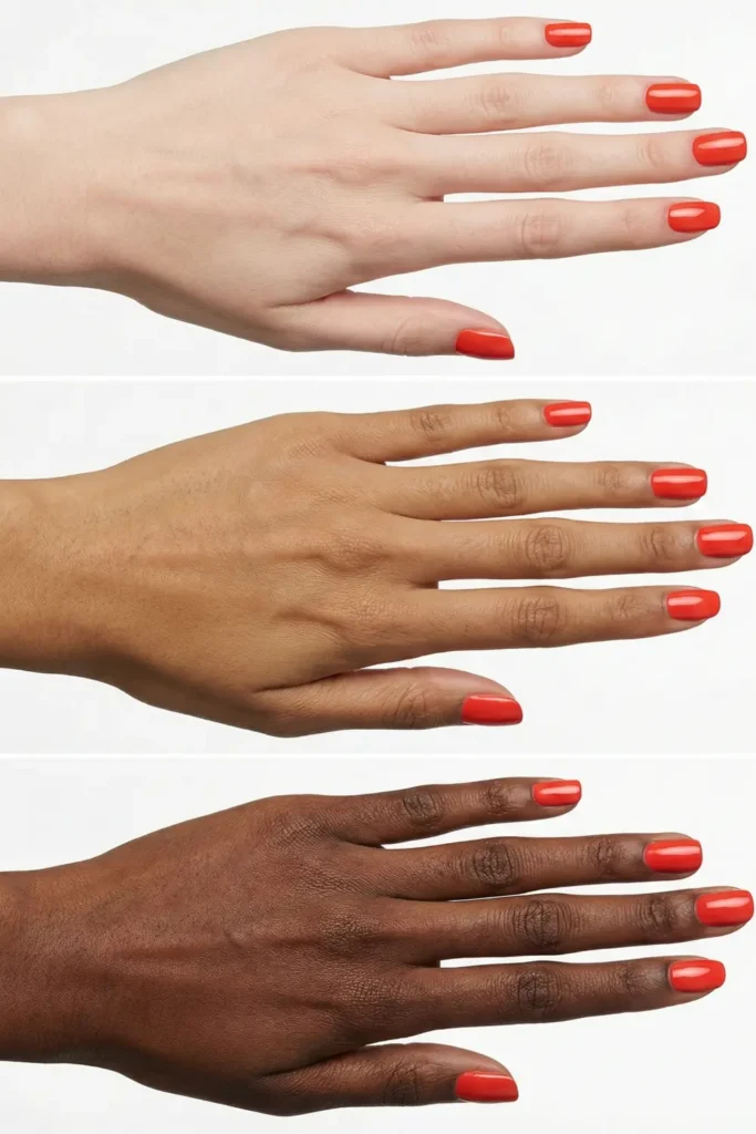 Tomato red nail polish on different skin tones.