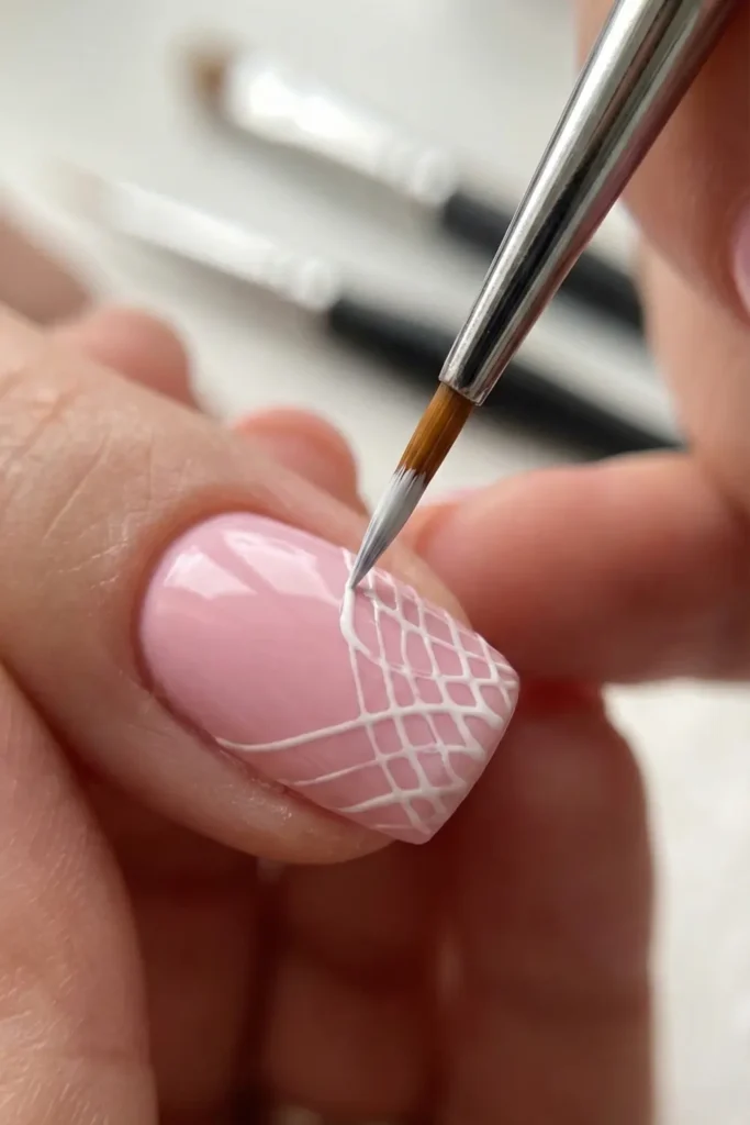 Tutorial step showing how to hand paint lace nail art with a liner brush.