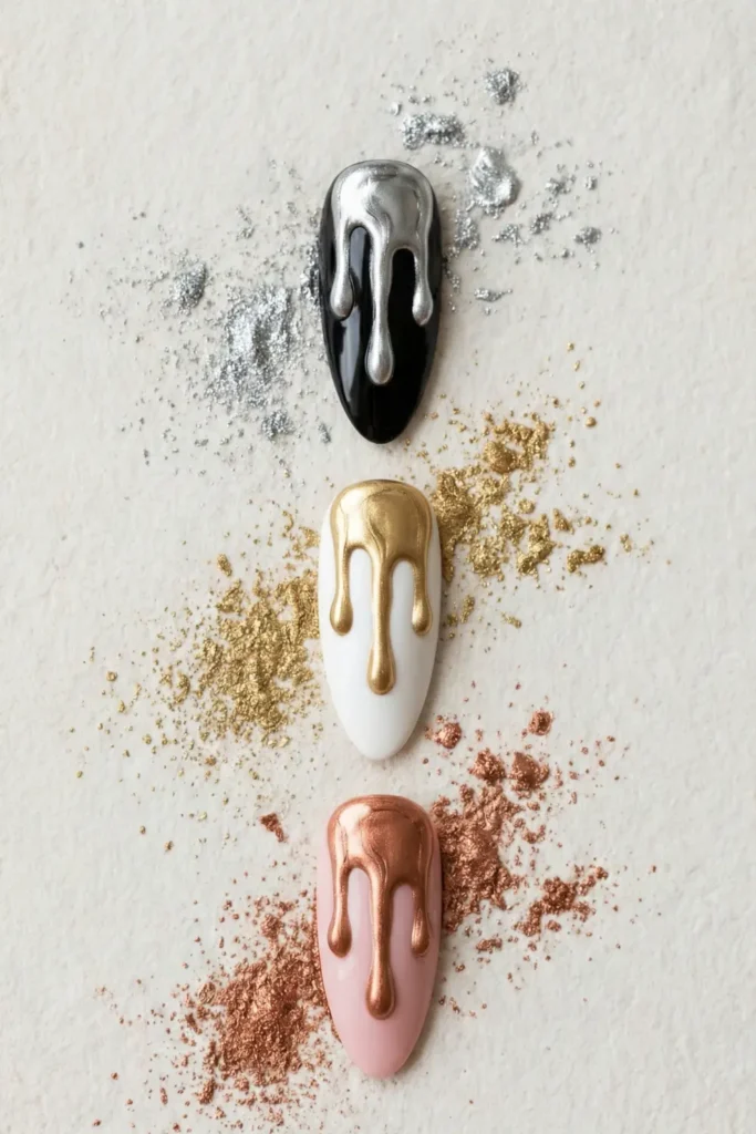 Color variations of molten chrome nails including silver, gold, and copper.