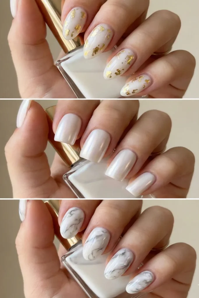 Top designs for milky white nails including gold foil and marble.