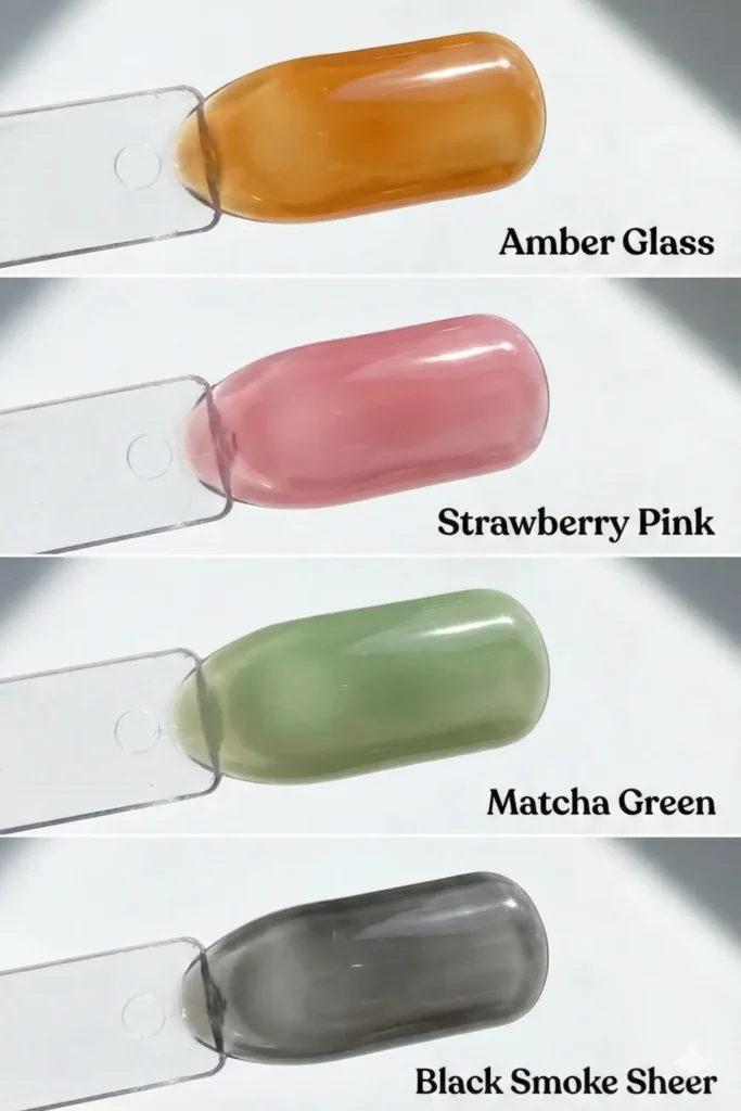 Top color trends for jelly nails including amber pink and green.