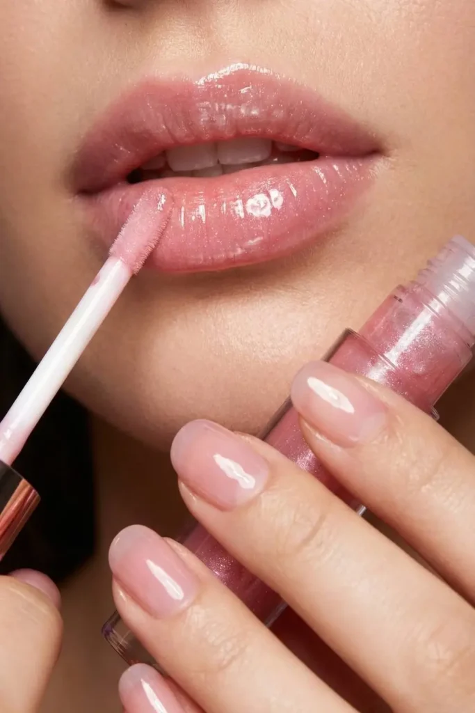 Lip gloss nail trend matching pink makeup aesthetic.
