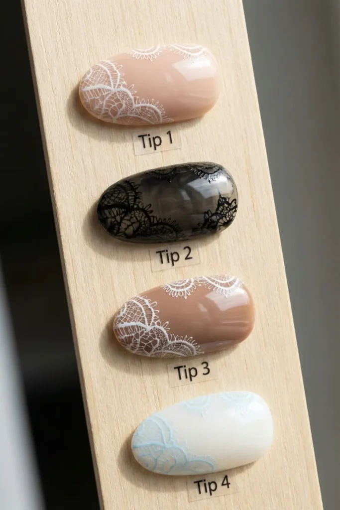 Best color combinations for lace nail art including nude, black, and pastel options.