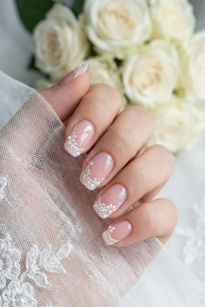 Lace French tip manicure design for a modern bridal look.