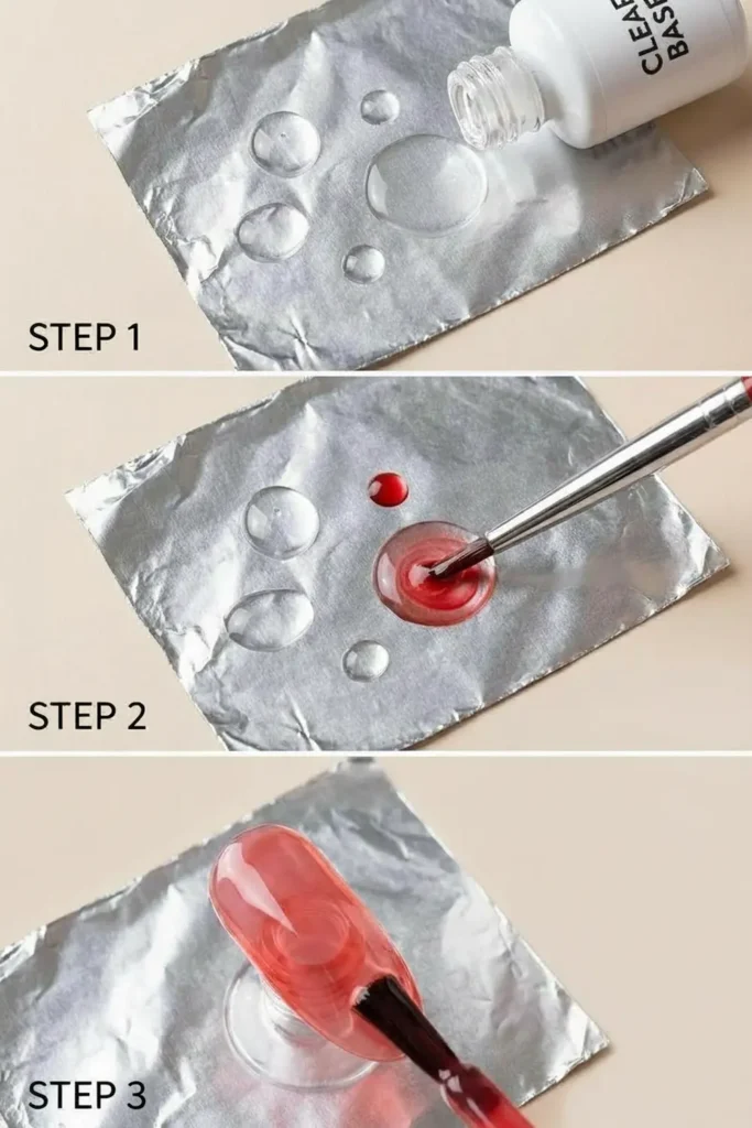 DIY tutorial showing how to mix clear and colored polish to make jelly nails.