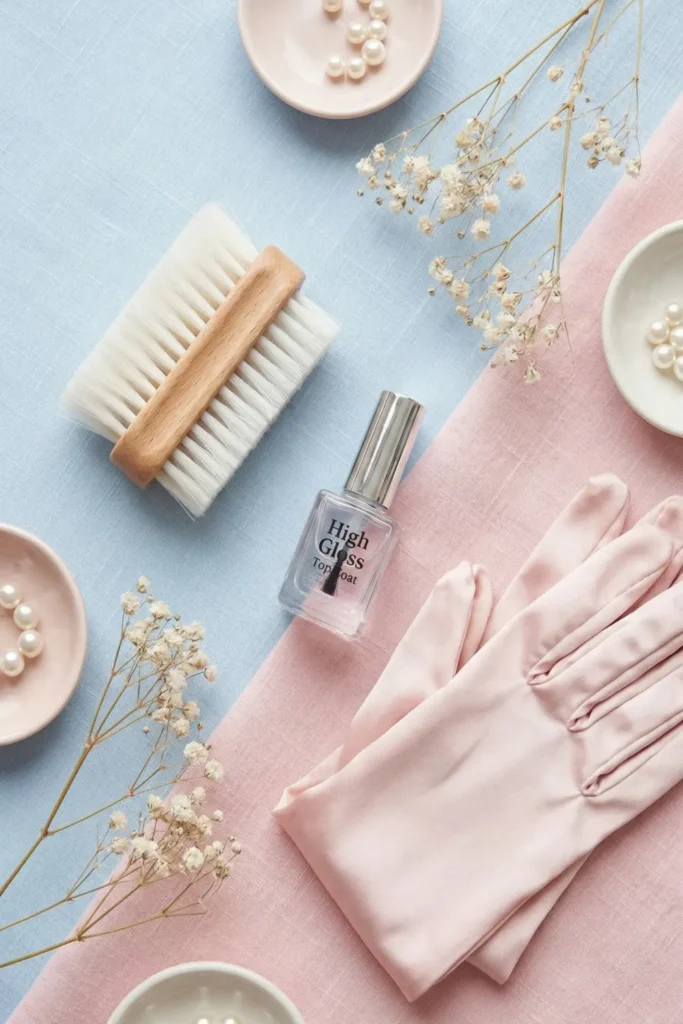 Maintenance tools for keeping lace nail art clean and chip-free.