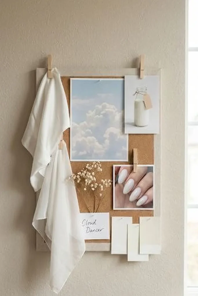 Mood board inspiration for milky white nails and Cloud Dancer trend.