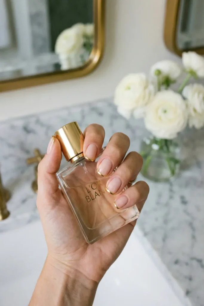 Luxury aesthetic micro french nails with gold tips.