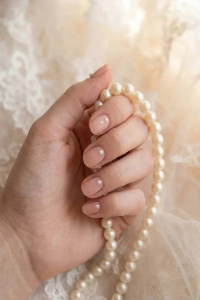 Coquette aesthetic nails with micro pearl accents.