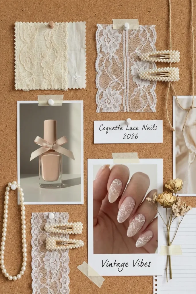 Mood board inspiration for coquette lace nails 2026.