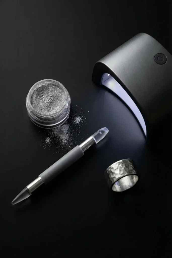 Tools needed for molten chrome nail art including chrome powder and UV lamp.