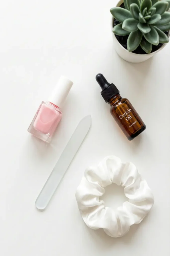 Essentials for maintaining the soap nail aesthetic including cuticle oil and glass file.