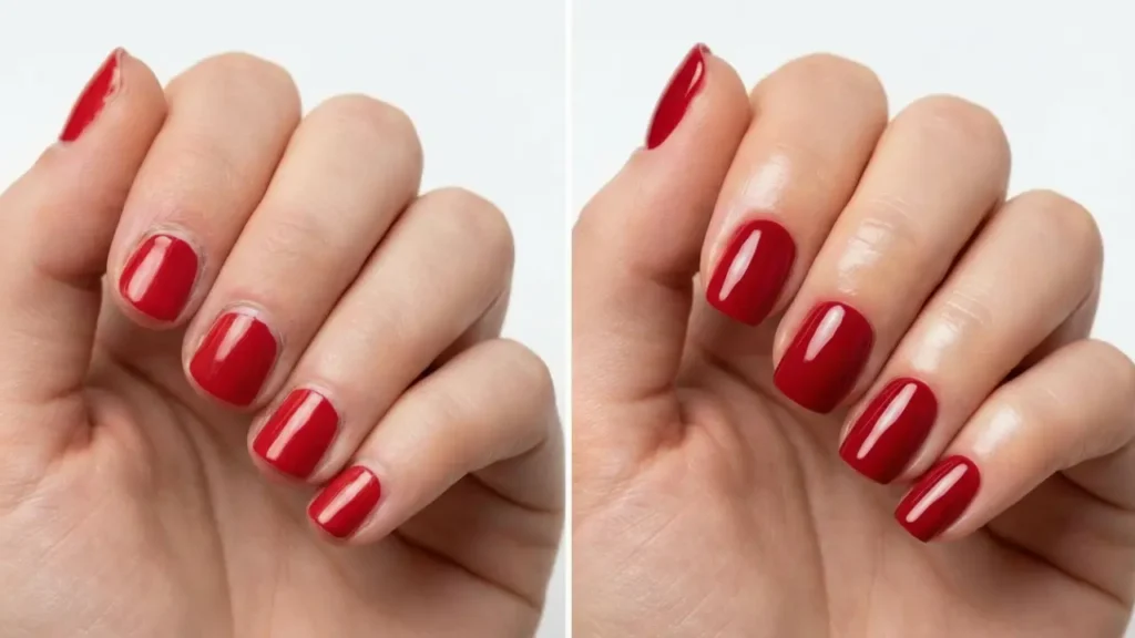 Comparison showing the difference between a standard cuticle finish and the flawless, gap-free Russian Manicure technique.