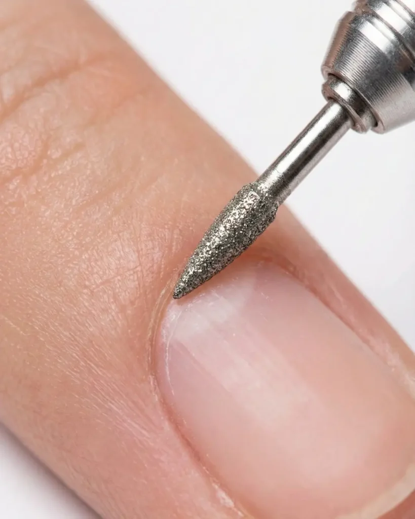Close-up of a diamond flame bit performing detailed dry cuticle work without water.