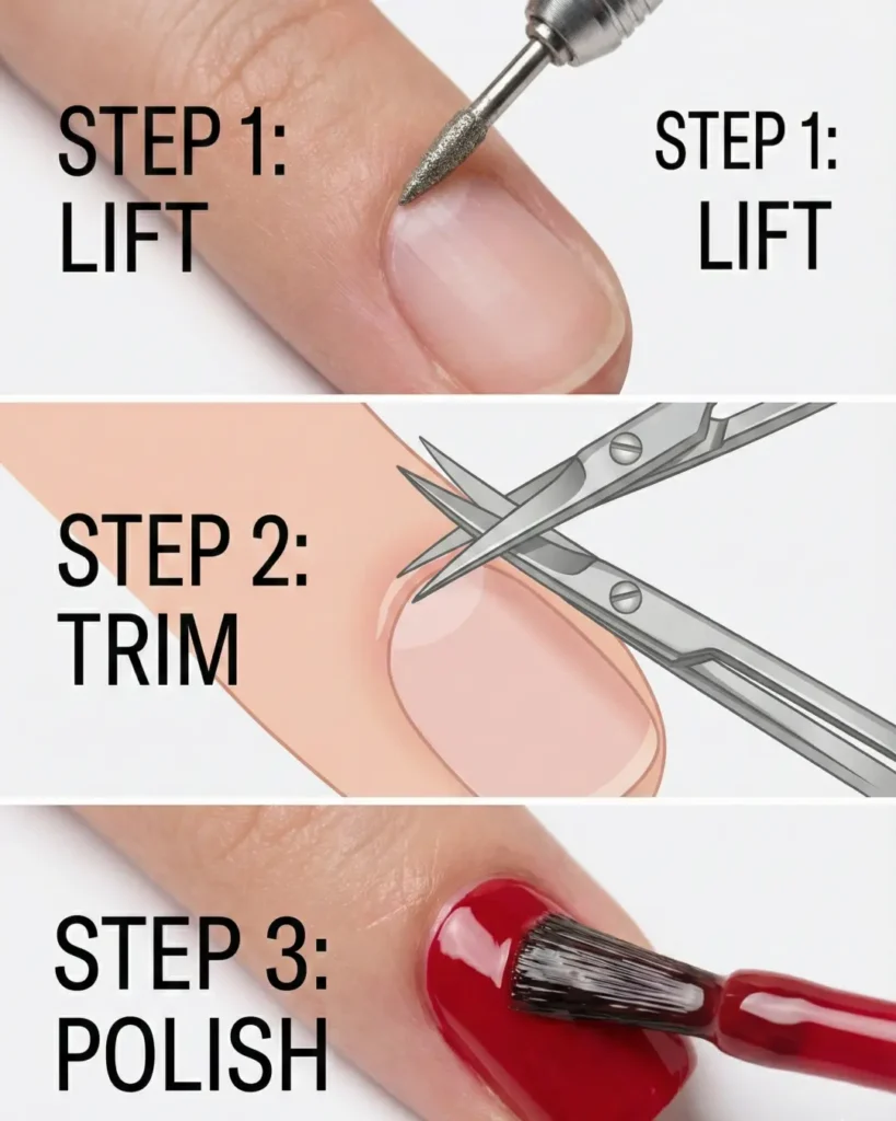 Step-by-step graphic illustrating the lifting, trimming, and polishing phases of the Russian E-File technique.