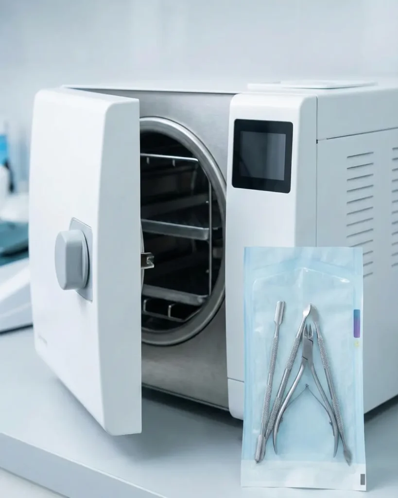 Medical-grade autoclave sterilizer pouch and tools, essential for safe invasive manicures.