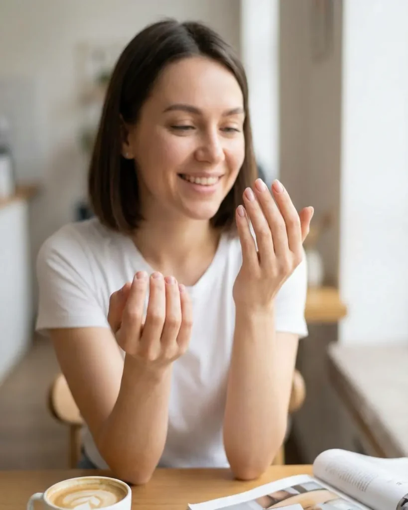 A client with short nails admiring the clean, precise finish of her cuticle work.