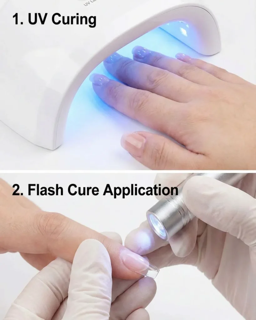 Step by step comparison of curing builder gel versus flash curing Gel-X tips.