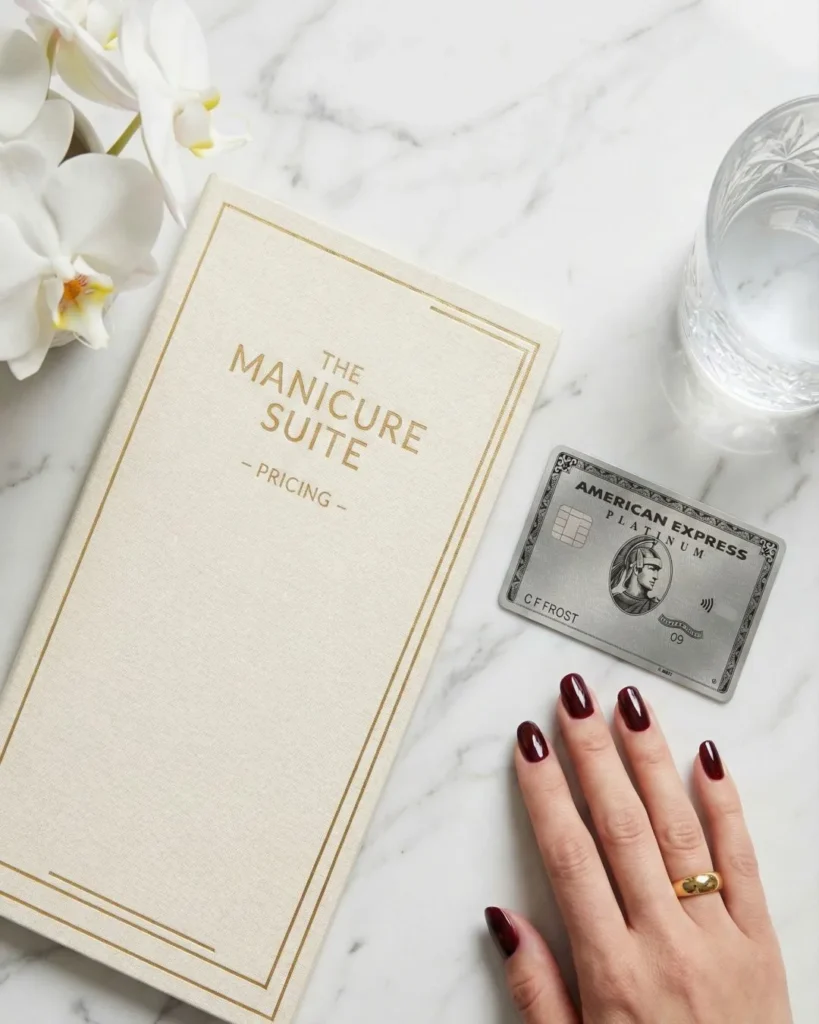 Luxury nail salon price list and credit card representing the cost of BIAB vs Gel-X services.