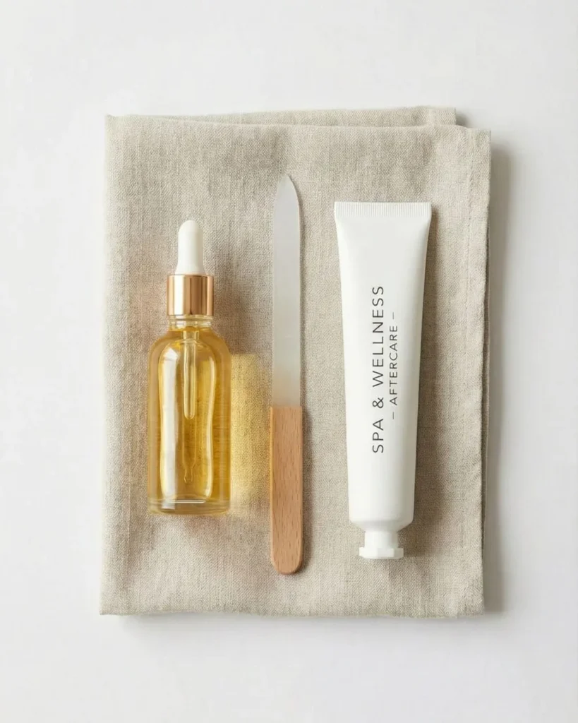 Essential nail aftercare kit including cuticle oil and glass file for maintaining healthy nails.