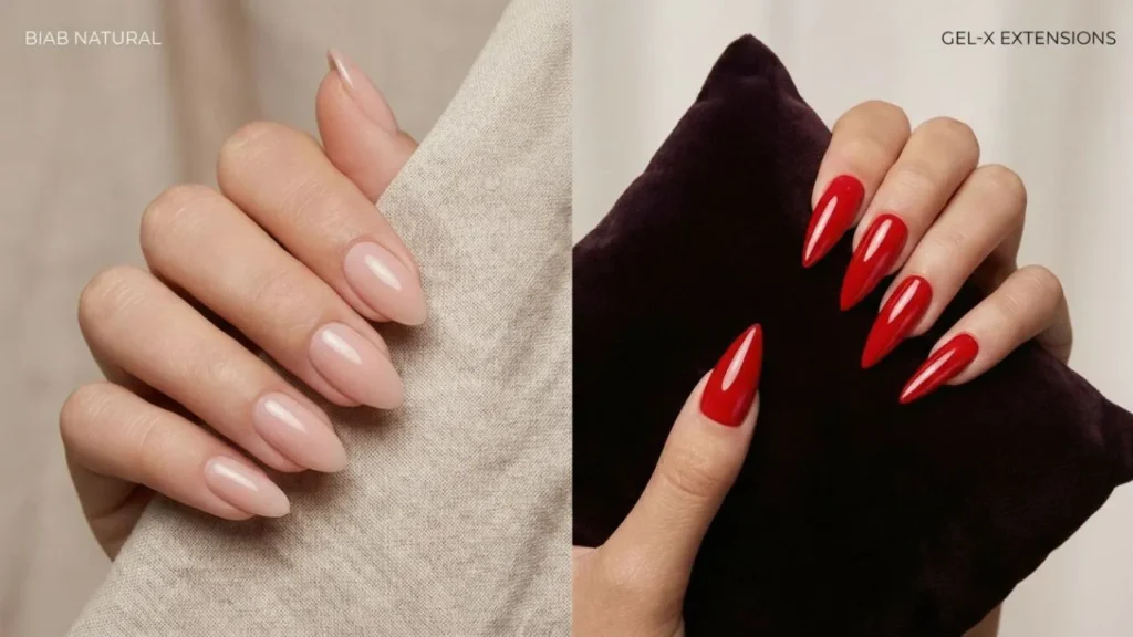 BIAB vs Gel-X comparison showing natural structured gel overlay versus long soft gel extensions.