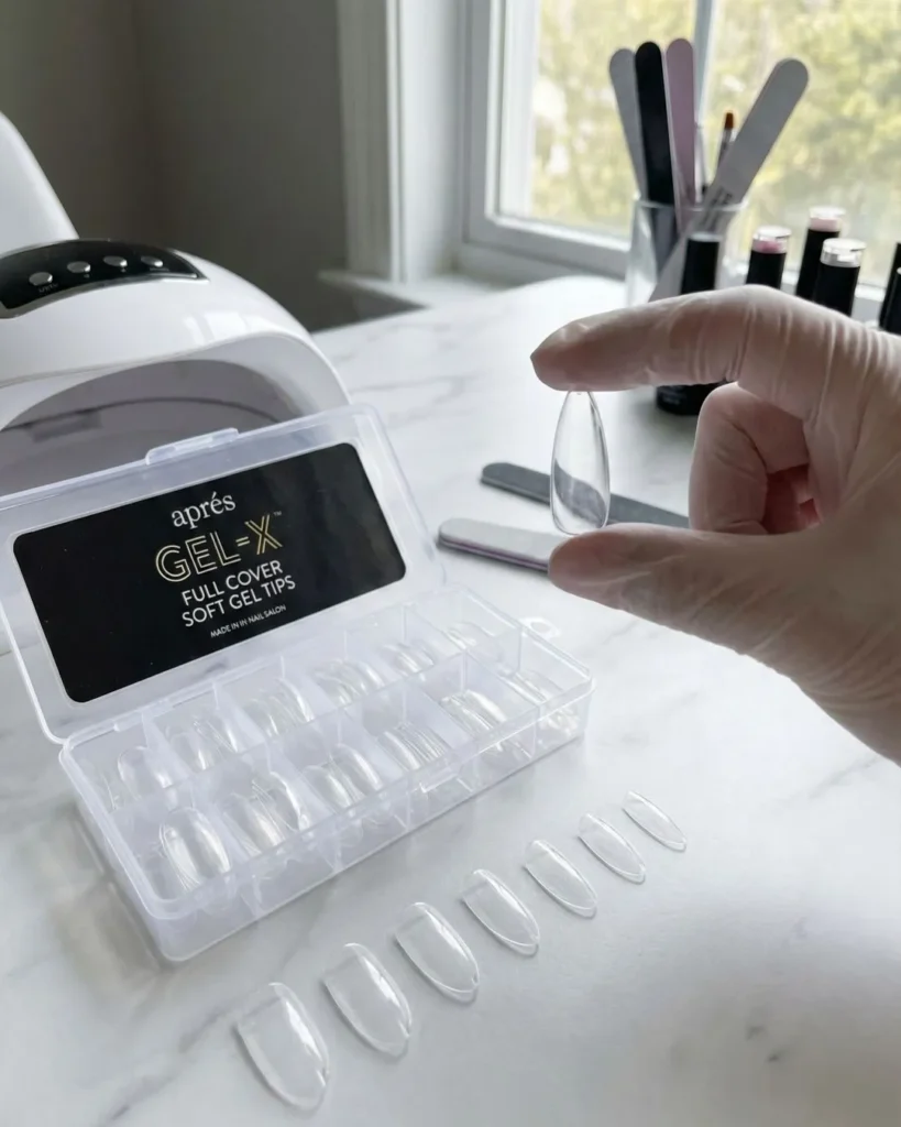 Clear full-cover Gel-X tips being sized for soft gel extensions at a salon.
