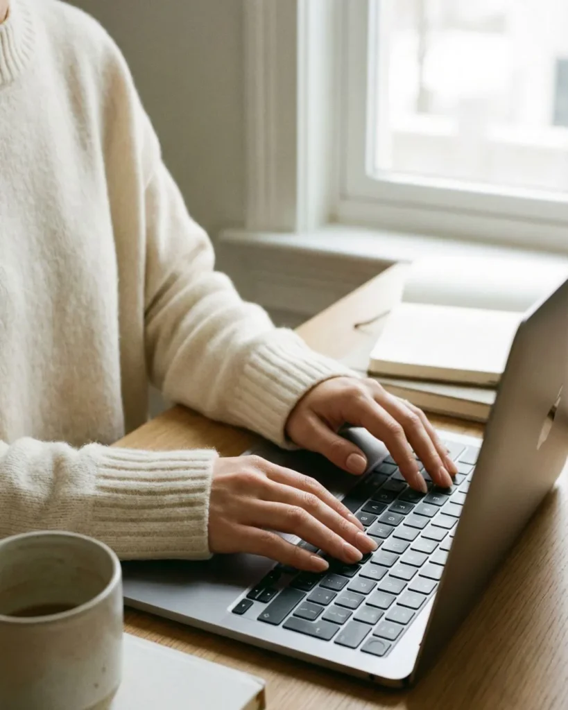 Professional woman with medium length healthy natural nails strengthened with BIAB gel.