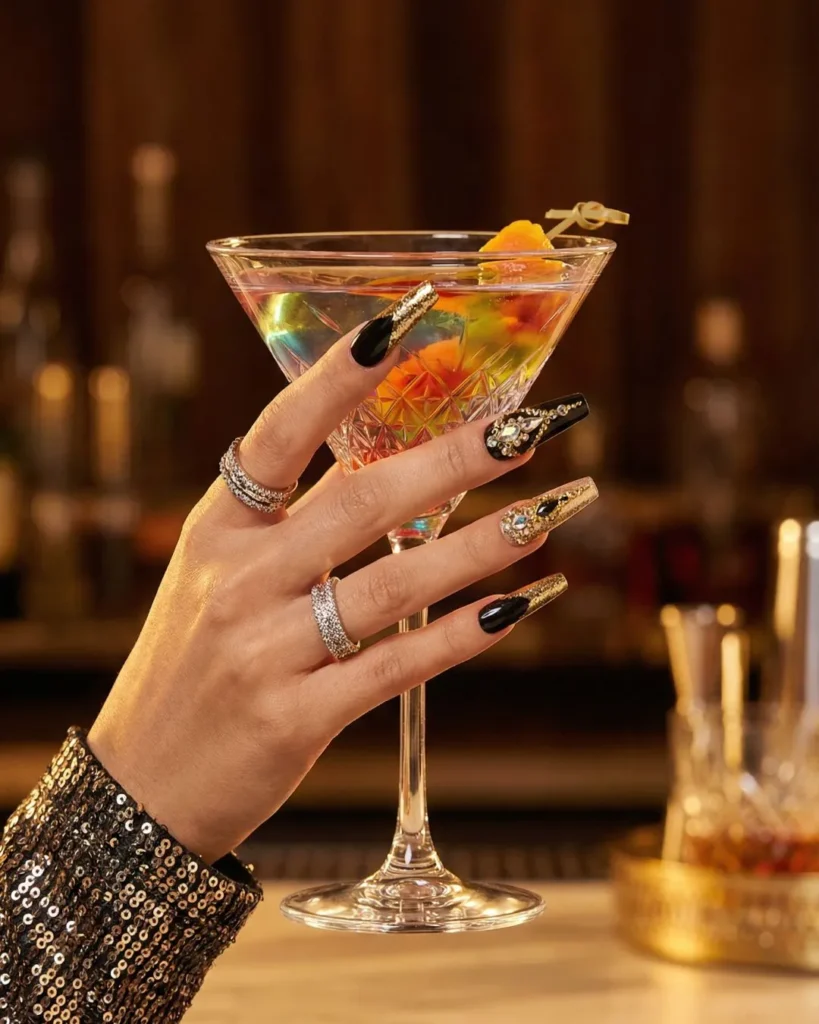 Glamorous long coffin shaped Gel-X nails with nail art for special events.