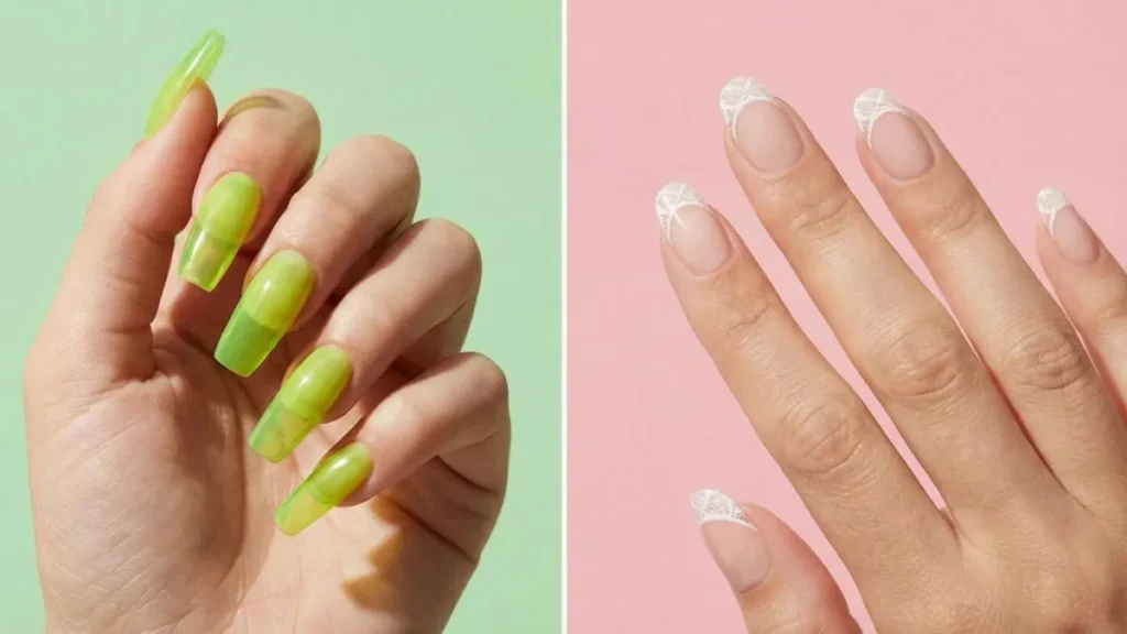 Split screen showing Pinterest Predicts 2026 nail trends: bright green gummy jelly nails on the left and sophisticated white lace tips on the right.