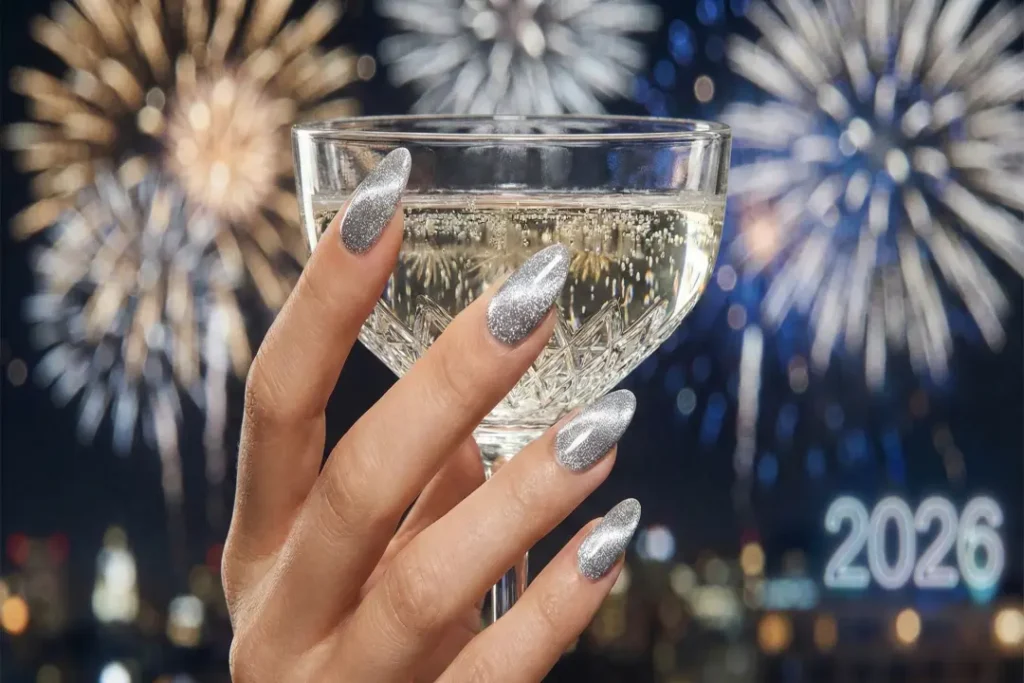 Silver cat-eye and velvet nails for New Year's Eve 2026.