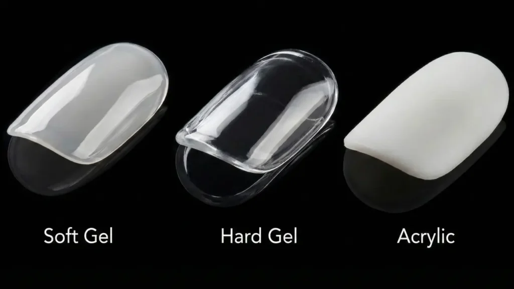 Soft gel vs hard gel vs acrylic nail comparison guide.