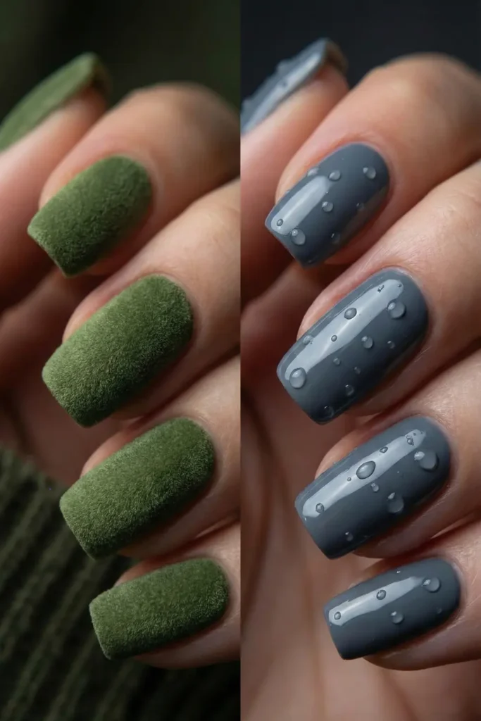 Moss green vs slate grey autumn nail trend comparison.