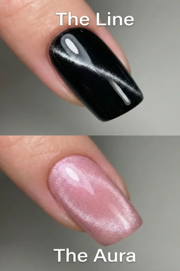 Difference between cat-eye and velvet nail effects.