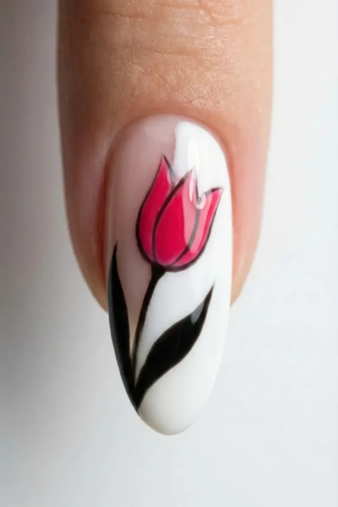 Modern negative space flower nail art design with tulip.